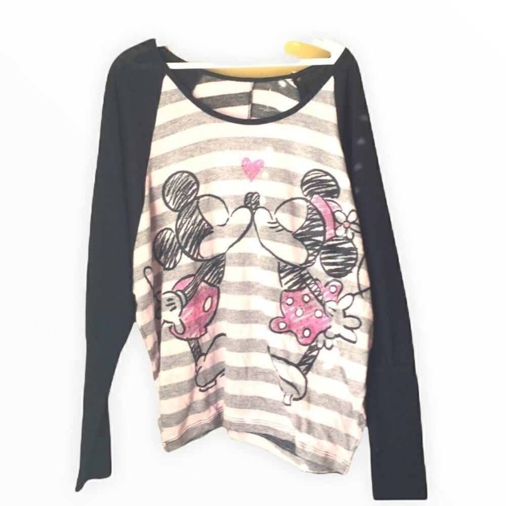 Vintage Mickey Minney Kiss Disneyland Valentines Pink Black Stripe Sweater S